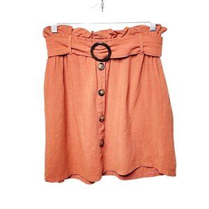 Everly Linen Blend Paper Bag Women’s Size M Burnt Orange Button Belted Skirt